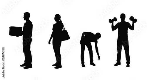 Silhouette of people carrying bags and exercising with dumbbells, silhouette