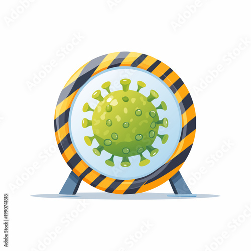 隔離や感染対策を示すバリケードの中のウイルスのフラットベクターアイコン