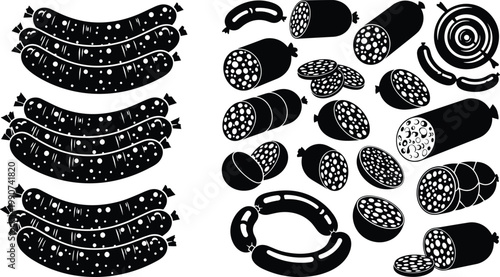 Sausage and Salami Silhouette Set with Whole and Sliced Meats Representing Deli Products, Butcher Food, and Cooking Ingredients in Vector Illustration