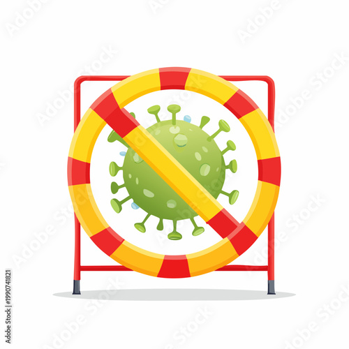 隔離や感染対策を示すバリケードの中のウイルスのフラットベクターアイコン