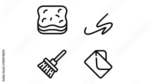 Iconic Essentials: A collection of simple, clean, line art icons representing a sponge, abstract shape, cleaning brush, and envelope. 