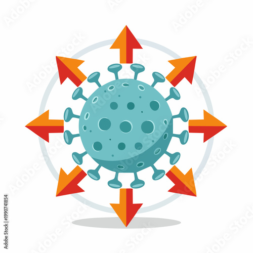 パンデミックや感染拡大を示す矢印付きのウイルスのフラットベクターアイコン