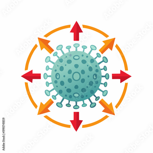 パンデミックや感染拡大を示す矢印付きのウイルスのフラットベクターアイコン