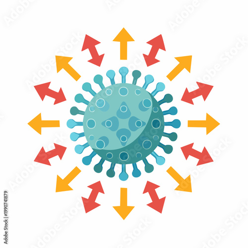 パンデミックや感染拡大を示す矢印付きのウイルスのフラットベクターアイコン