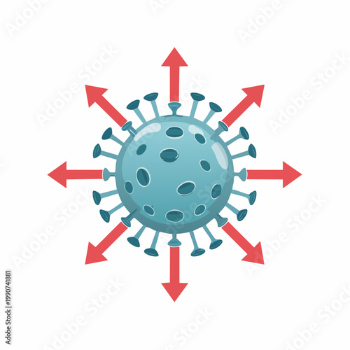 パンデミックや感染拡大を示す矢印付きのウイルスのフラットベクターアイコン