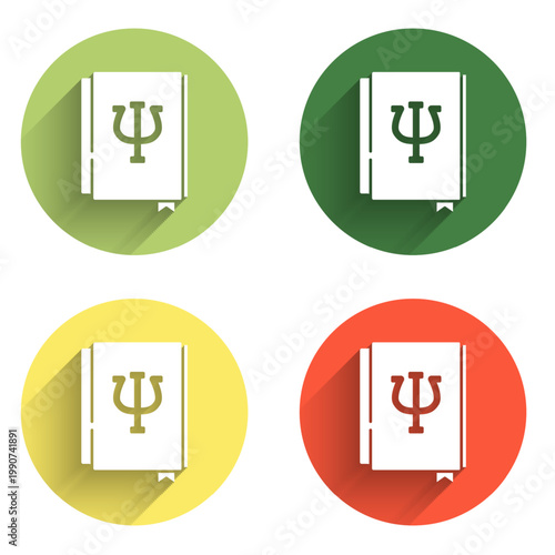 Set Psychology book icon isolated with long shadow background. Psi symbol. Mental health concept, psychoanalysis analysis and psychotherapy. Color circle button. Vector
