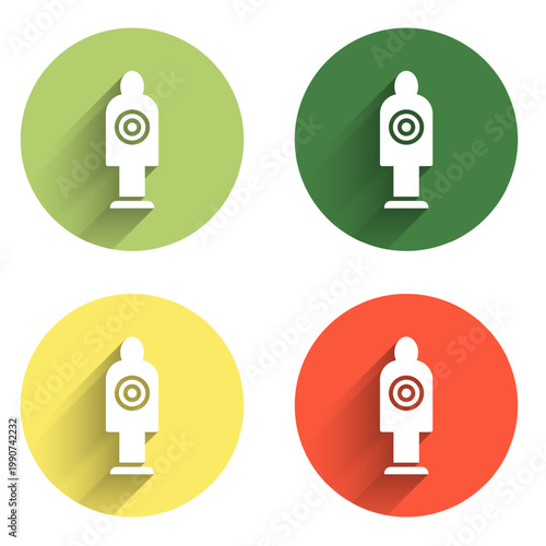 Set Human target sport for shooting icon isolated with long shadow background. Clean target with numbers for shooting range or shooting. Color circle button. Vector