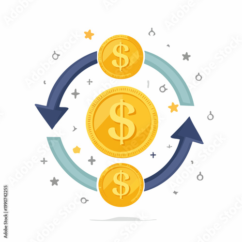為替や通貨両替を示すコインと矢印のシンプルなフラットベクターアイコン