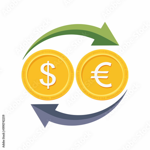 為替や通貨両替を示すコインと矢印のシンプルなフラットベクターアイコン