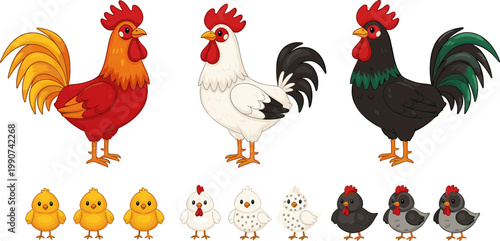 Colorful Cartoon Roosters and Chicks in Various Poses for Farmyard Illustrations and Animal Design Projects