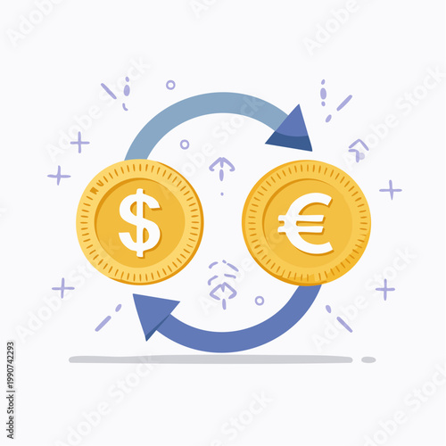 為替や通貨両替を示すコインと矢印のシンプルなフラットベクターアイコン
