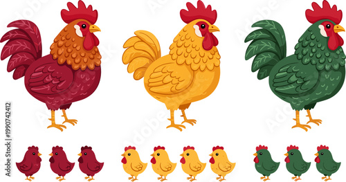 Colorful Cartoon Roosters and Chicks in Various Poses for Farmyard Illustrations and Cute Animal Designs