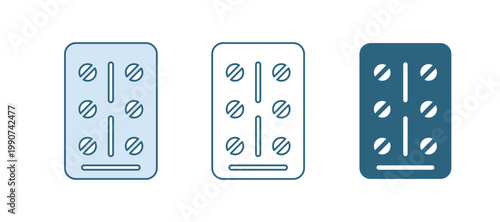 Blue Pills in blister pack icon isolated on white background. Medical drug package for tablet, vitamin, antibiotic, aspirin. Vector