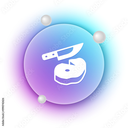 White Steak meat and knife icon isolated on white background. Slicing meat. Blue and purple gradient circle background. Vector