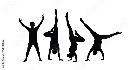 Black silhouettes of people doing various breakdance moves with breakdance