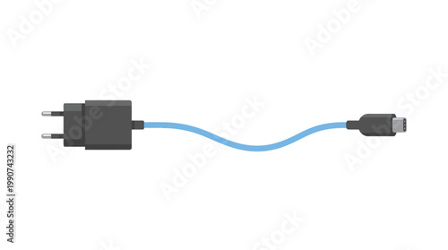Black power adapter with blue cord.