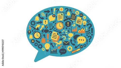 Colorful speech bubble with icons.