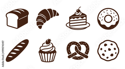 A collection of baked goods including bread, croissants, cakes, and pastries on a white background