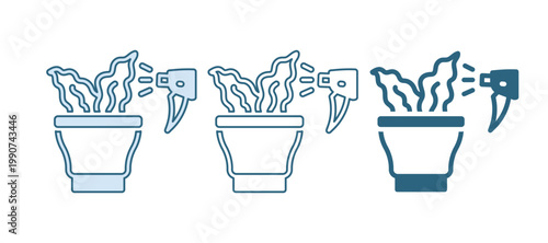 Blue Spraying a house plant with a spray gun icon isolated on white background. Moistening of foliage. Care for home flowers. Vector