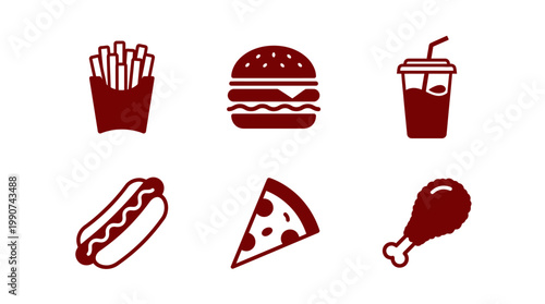 A vibrant collection of popular fast food items including fries, burger, drink, hot dog, pizza, and chicken