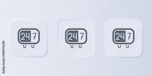Grey Clock 24 hours icon isolated on grey background. All day cyclic icon. 24 hours service symbol. Set icons in square buttons. Vector