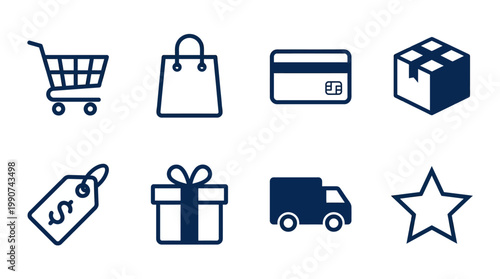 Collection of shopping-related icons featuring a cart, bag, card, package, tag, gift, truck, and star