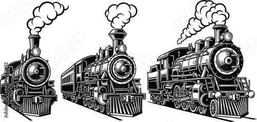 Vector Set of Vintage Steam Train Illustrations Featuring Classic Locomotives with Detailed Smoke and Mechanical Design for Transportation, History, and Retro Projects