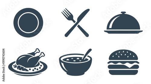 A collection of food icons featuring a plate, cutlery, cloche, chicken, soup, and burger