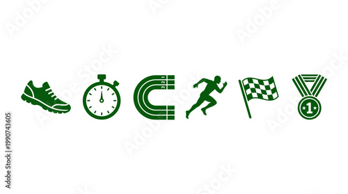 Green Sports Icons Representing Athletic Gear, Timing, Competition, and Achievement