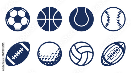 Collection of eight sports balls including soccer, basketball, tennis, and baseball icons