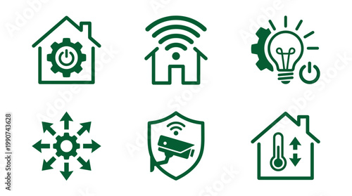 Collection of green icons representing smart home technology and energy efficiency solutions