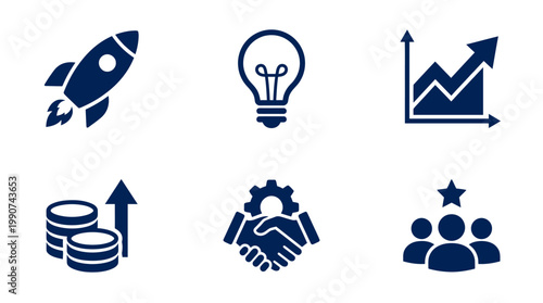 Icons representing business growth, innovation, and teamwork in a minimalist design