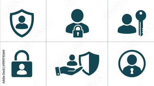 Collection of security icons representing protection, user privacy, and secure access methods