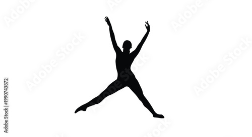 Black silhouette of a person in a wide legged stance with arms raised, standing