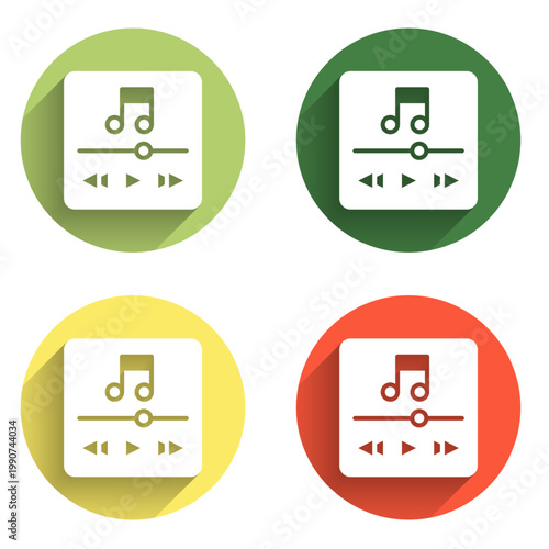 Set Music player icon isolated with long shadow background. Portable music device. Color circle button. Vector