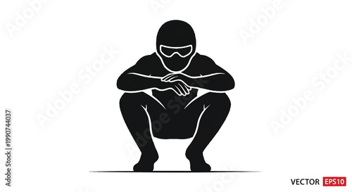 Person in black outfit with mask sitting on the floor illustration silhouette