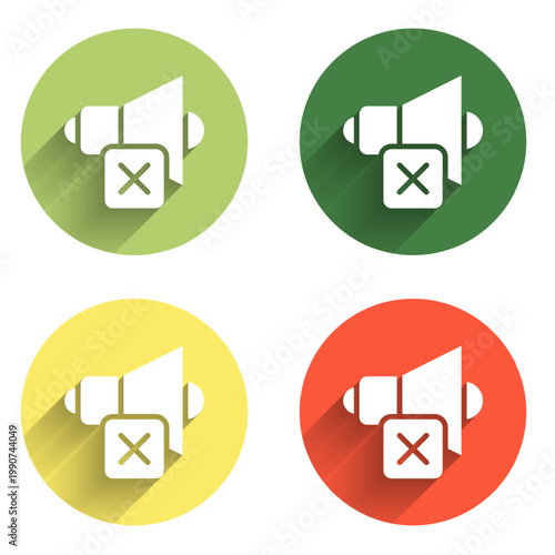 Set Speaker mute icon isolated with long shadow background. No sound icon. Volume Off symbol. Color circle button. Vector