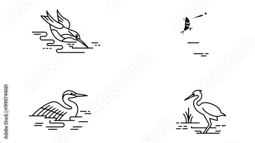 Avian Moments: A Collection of graceful, minimalistic line drawings of birds and their aquatic habitats, presented in a clean, modern aesthetic.
