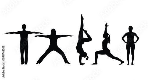Five people performing different yoga poses in silhouette with yoga mat