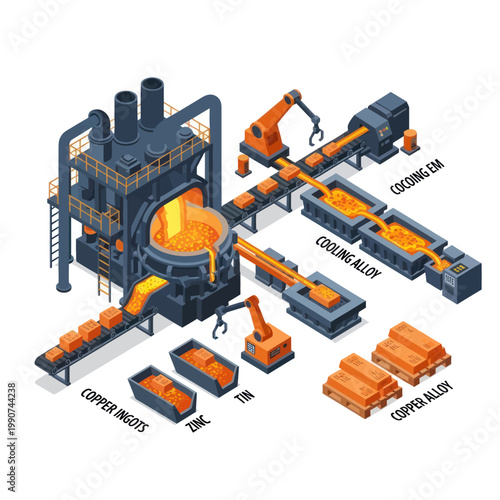 Isometric Illustration of a Metal Production Factory with Molten Metal.