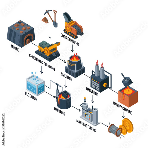 Isometric Illustration of Metal Production Process from Mining to Manufacturing.