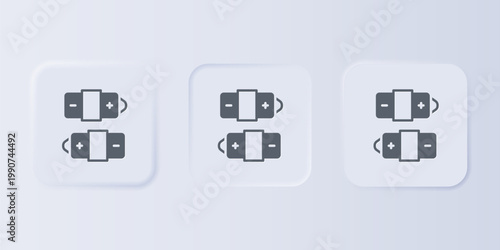 Grey Battery icon isolated on grey background. Lightning bolt symbol. Set icons in square buttons. Vector