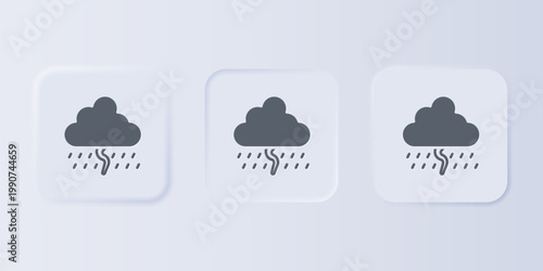 Grey Cloud with rain and lightning icon isolated on grey background. Rain cloud precipitation with rain drops.Weather icon of storm. Set icons in square buttons. Vector