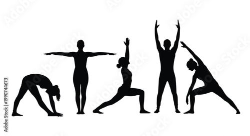 Group of people practicing different yoga poses in a row with exercise, wellness