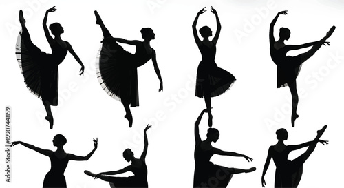 Group of ballerinas dancing in various positions with grand jete, ballerina