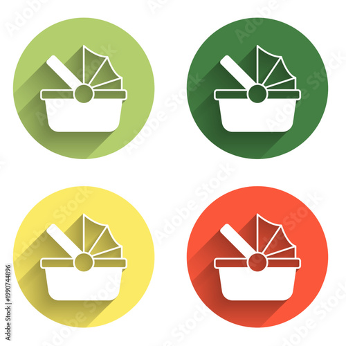 Set Baby stroller icon isolated with long shadow background. Baby carriage, buggy, pram, stroller, wheel. Color circle button. Vector