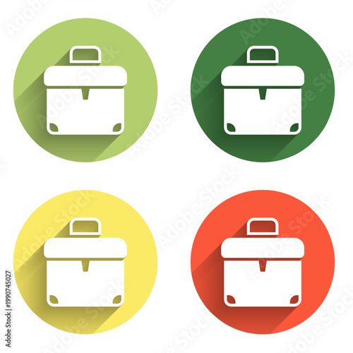 Set Briefcase icon isolated with long shadow background. Business case sign. Business portfolio. Color circle button. Vector