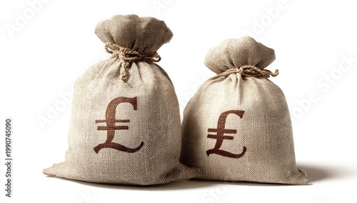Two burlap money bags with pound sterling symbols on white background