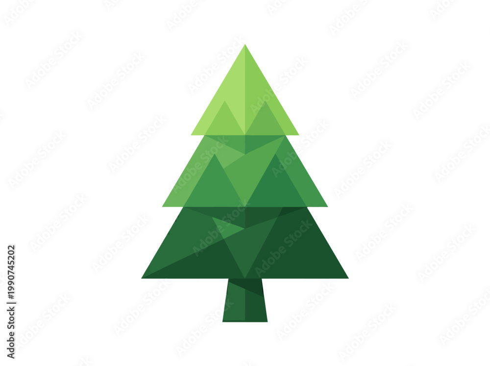 Obraz premium Modern geometric green triangle tree icon, eco-friendly flat design on white background
