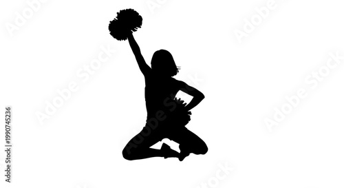 Silhouette of a Cheerful Cheerleader in Mid Jump with Pom Poms Dynamic Action White Background